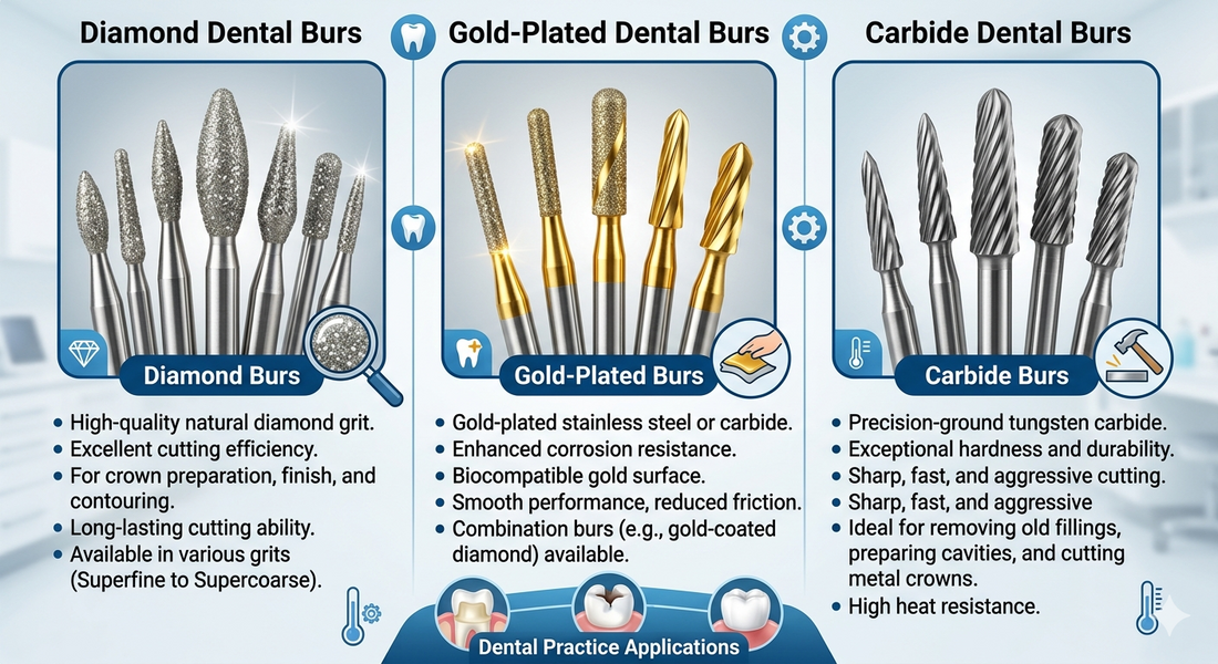 Dental Bur Materials: Diamond, Gold and Carbide Compared