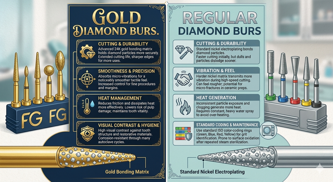 Gold Diamond Dental Burs vs Regular Diamond Burs