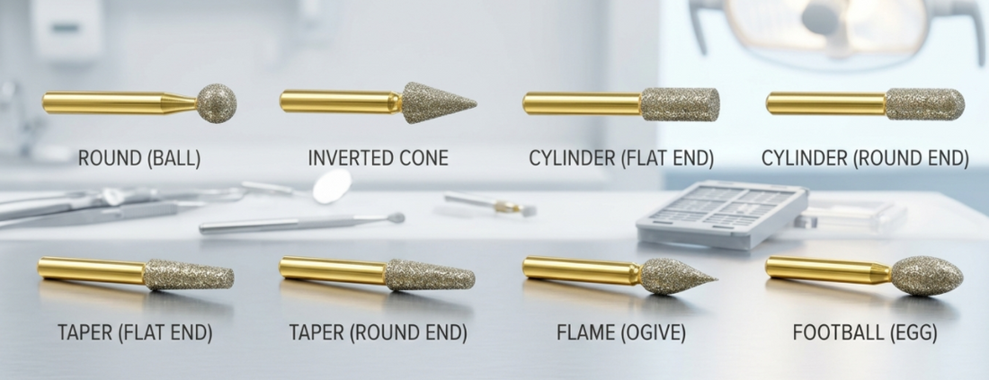 Gold Diamond Burs Shapes Explained: Round, Taper, Flame, Football & More